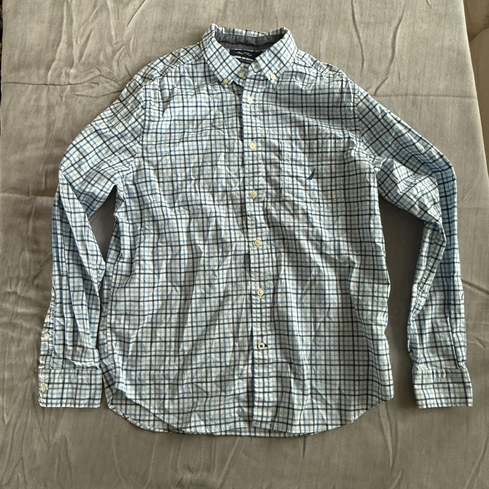 Nautica Classic Fit Stretch Shirt Mens Medium Blue Plaid Button Front